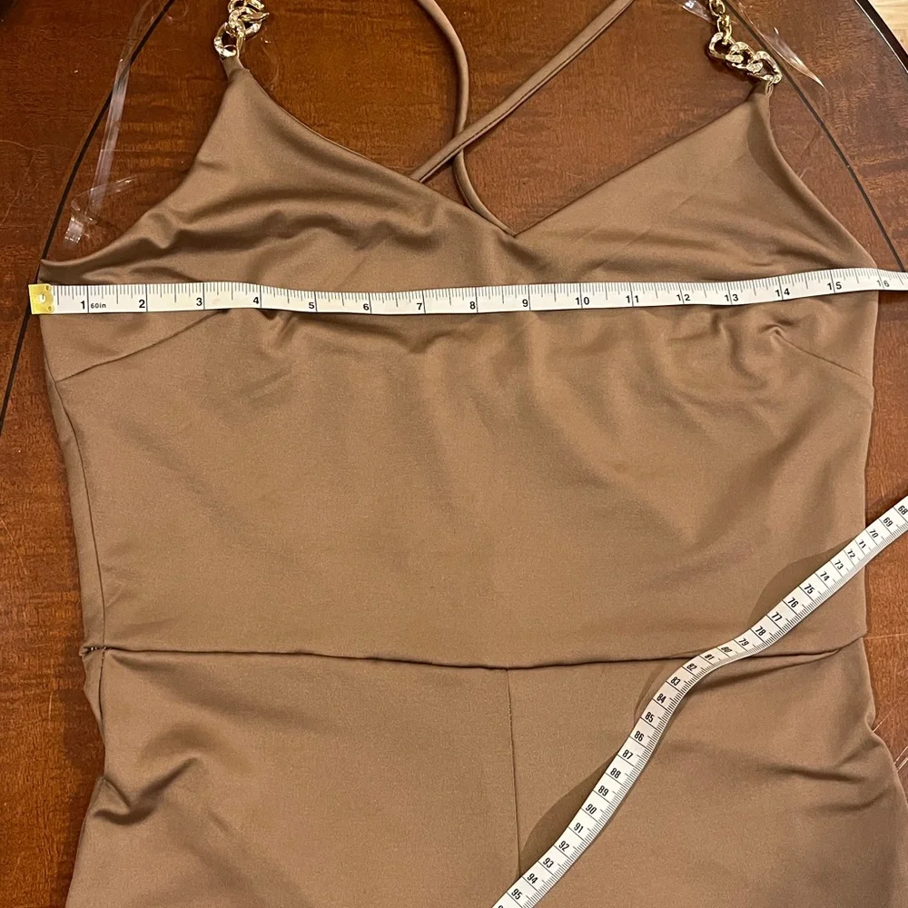 Wide leg jumpsuit/ romper crisscross back,  gold chain w/ rhinestones. Tan. Sz M - Picture 8 of 11